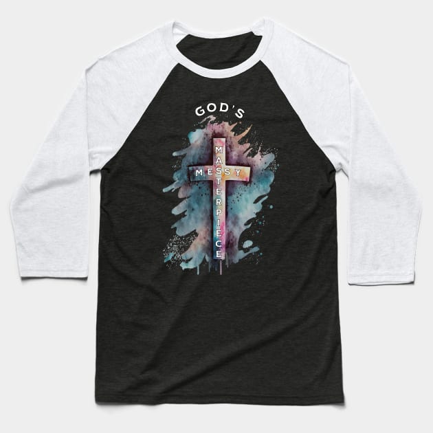 God's Messy Masterpiece Cross, Unisex Christian Cotton T-Shirt, Stylish Colorful Imagery, Trendy Spiritual Shirt, Christian Apparel, Comy, Soft Baseball T-Shirt by Yendarg Productions